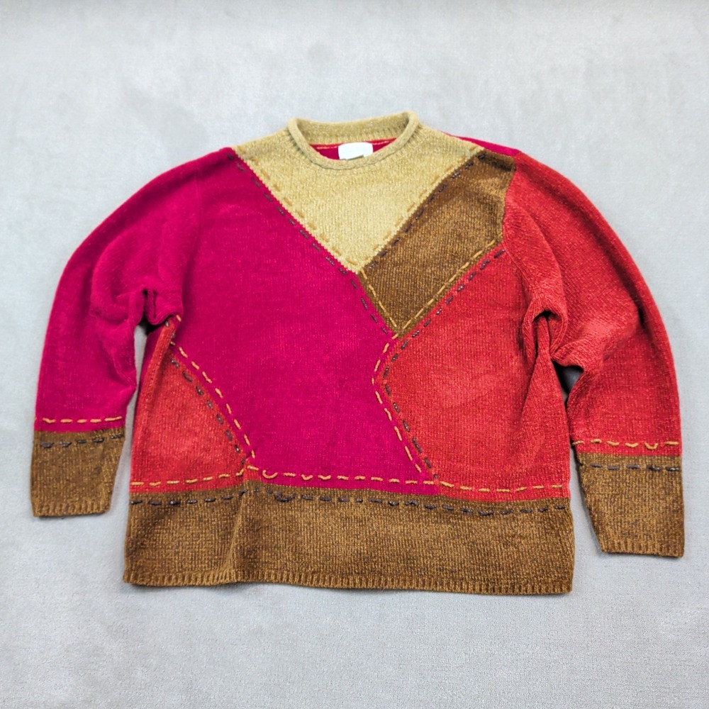 Studio Works Vintage Colorblock Knit Sweater 1X Red Brown Boho Art to Wear